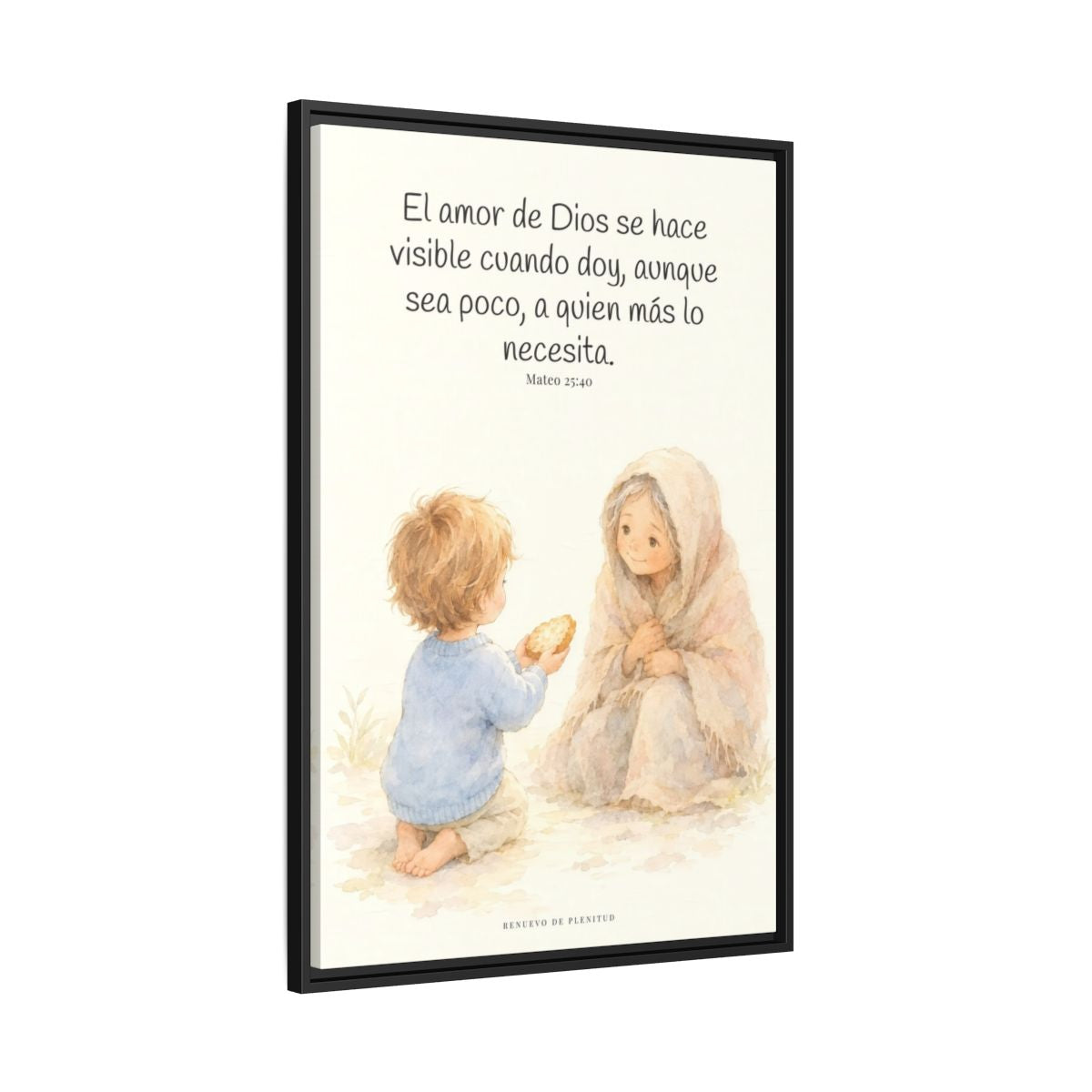 El amor de Dios se da en cosas pequeñas — Lienzo Cristiano Enmarcado | Mateo 25:40 — 24×36 pulgadas, marco negro, vista lateral del marco flotante