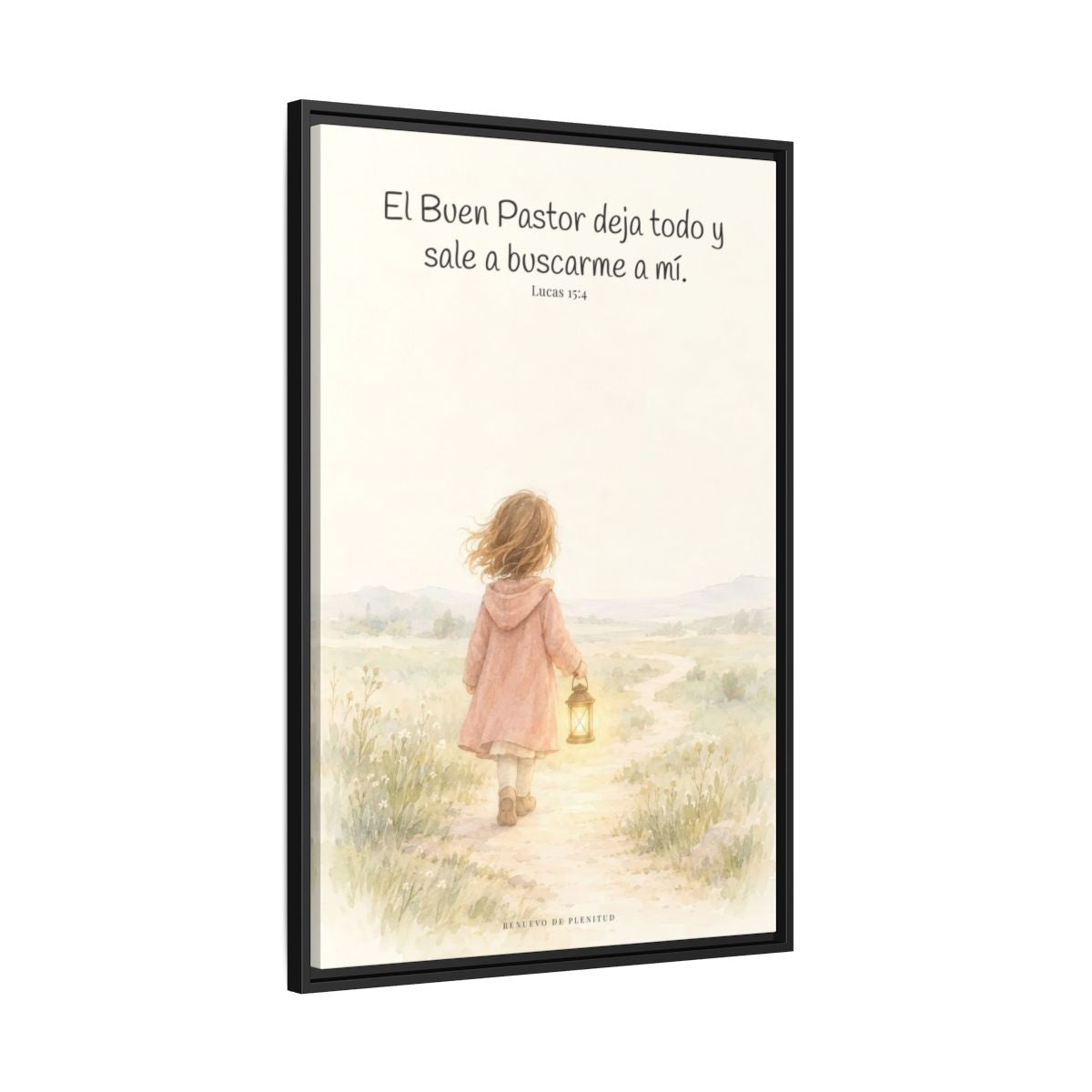 El Buen Pastor me busca a mí — Lienzo Cristiano Enmarcado | Lucas 15:4 — 24×36 pulgadas, marco negro, vista lateral del marco flotante