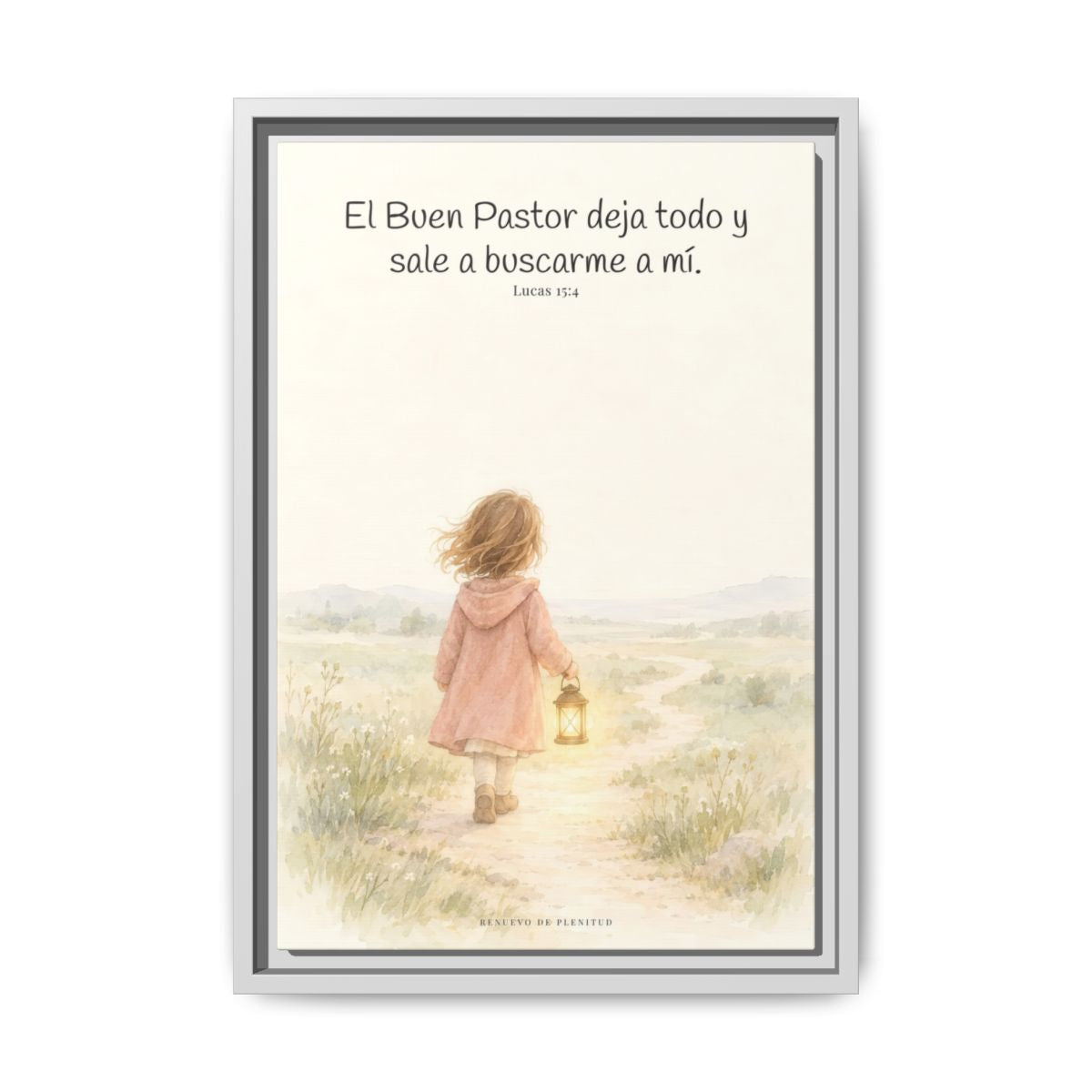 El Buen Pastor me busca a mí — Lienzo Cristiano Enmarcado | Lucas 15:4 — 12×18 pulgadas, marco blanco, vista frontal