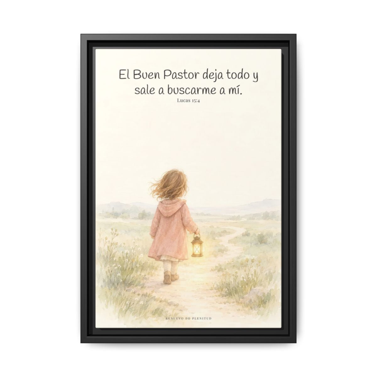 El Buen Pastor me busca a mí — Lienzo Cristiano Enmarcado | Lucas 15:4 — 12×18 pulgadas, marco negro, vista frontal