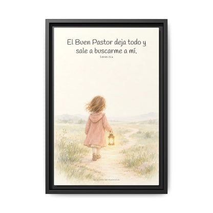 El Buen Pastor me busca a mí — Lienzo Cristiano Enmarcado | Lucas 15:4 — 12×18 pulgadas, marco negro, vista frontal