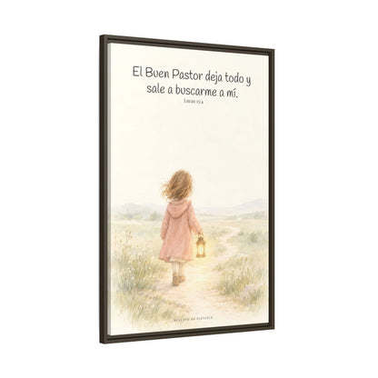 El Buen Pastor me busca a mí — Lienzo Cristiano Enmarcado | Lucas 15:4 — 24×36 pulgadas, marco espresso, vista lateral del marco flotante