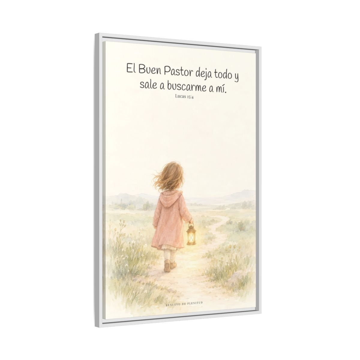 El Buen Pastor me busca a mí — Lienzo Cristiano Enmarcado | Lucas 15:4 — 24×36 pulgadas, marco blanco, vista lateral del marco flotante