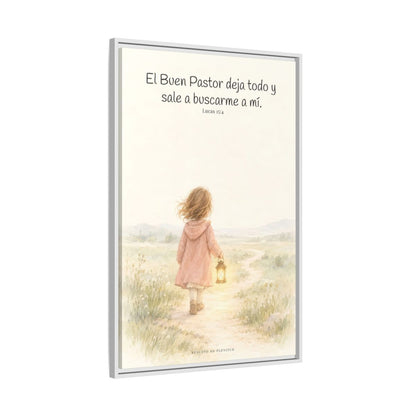 El Buen Pastor me busca a mí — Lienzo Cristiano Enmarcado | Lucas 15:4 — 24×36 pulgadas, marco blanco, vista lateral del marco flotante