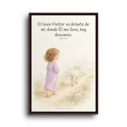 El buen Pastor va delante de mí | Decoración de fe para pared | Juan 10:27 — 24×36 pulgadas, marco espresso, vista frontal