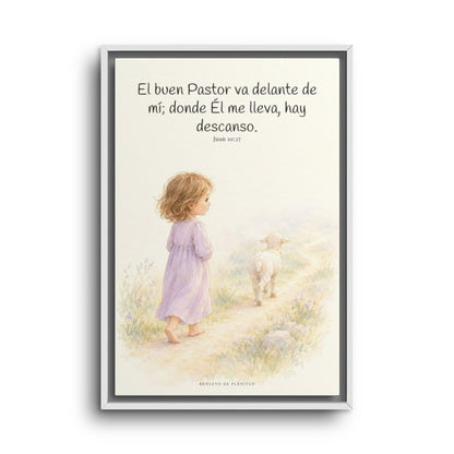 El buen Pastor va delante de mí | Decoración de fe para pared | Juan 10:27 — 16×24 pulgadas, marco blanco, vista frontal