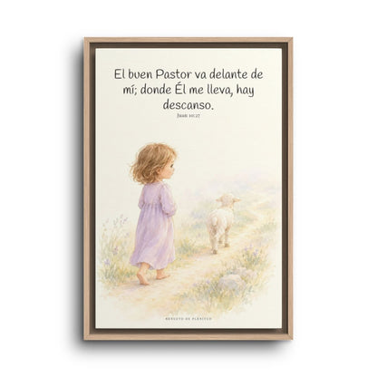 El buen Pastor va delante de mí | Decoración de fe para pared | Juan 10:27 — 16×24 pulgadas, marco natural, vista frontal