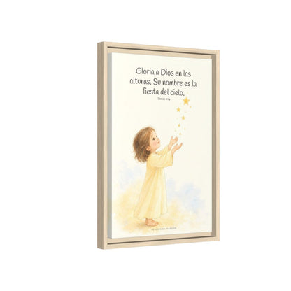 El cielo entero da gloria a Dios | Decoración de fe para pared | Lucas 2:14 — 12×18 pulgadas, marco natural, vista lateral del marco flotante