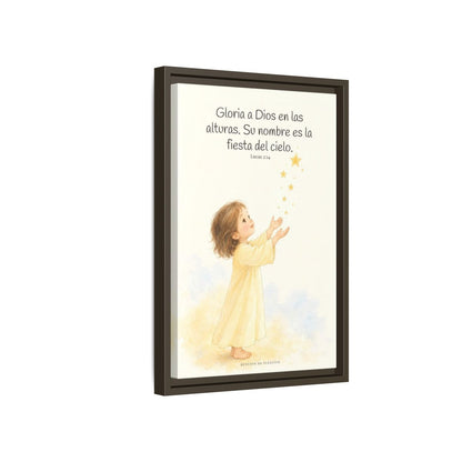 El cielo entero da gloria a Dios | Decoración de fe para pared | Lucas 2:14 — 12×18 pulgadas, marco espresso, vista lateral del marco flotante