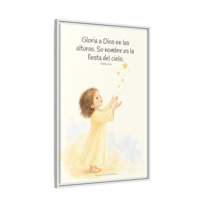 El cielo entero da gloria a Dios | Decoración de fe para pared | Lucas 2:14 — 24×36 pulgadas, marco blanco, vista lateral del marco flotante