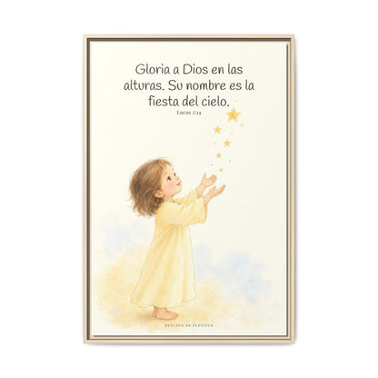 El cielo entero da gloria a Dios | Decoración de fe para pared | Lucas 2:14 — 24×36 pulgadas, marco natural, vista frontal