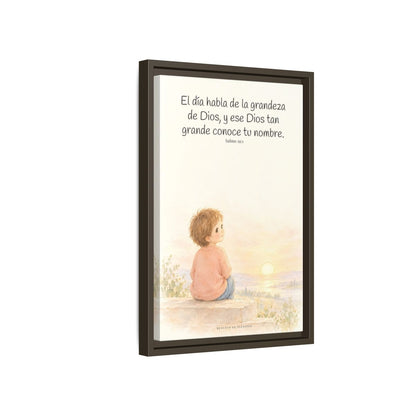 El día habla de la grandeza de Dios | Lienzo cristiano decorativo | Salmo 19:1 — 12×18 pulgadas, marco espresso, vista lateral del marco flotante