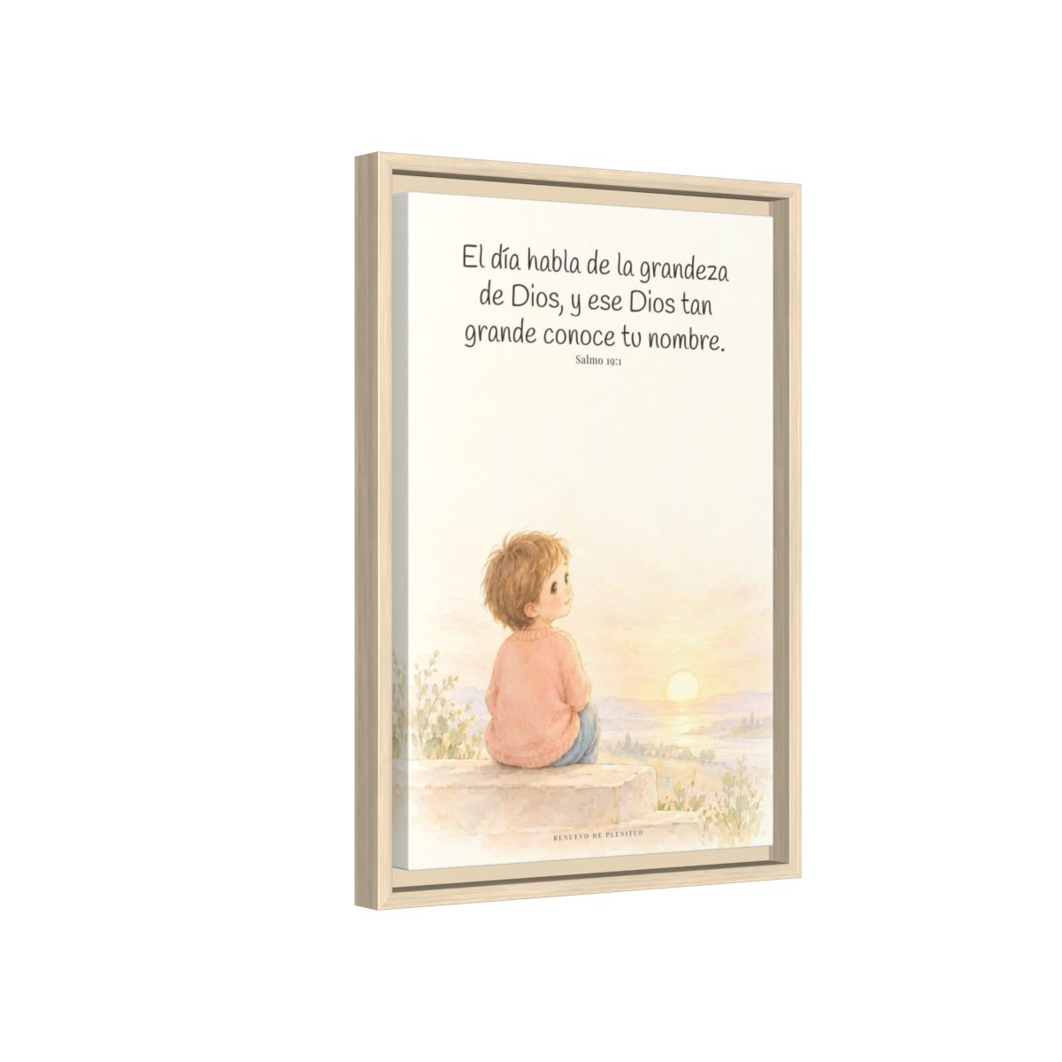 El día habla de la grandeza de Dios | Lienzo cristiano decorativo | Salmo 19:1 — 12×18 pulgadas, marco natural, vista lateral del marco flotante