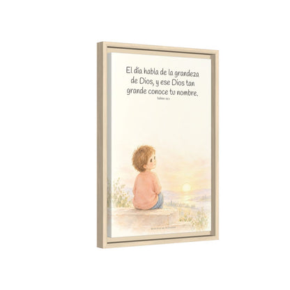 El día habla de la grandeza de Dios | Lienzo cristiano decorativo | Salmo 19:1 — 12×18 pulgadas, marco natural, vista lateral del marco flotante