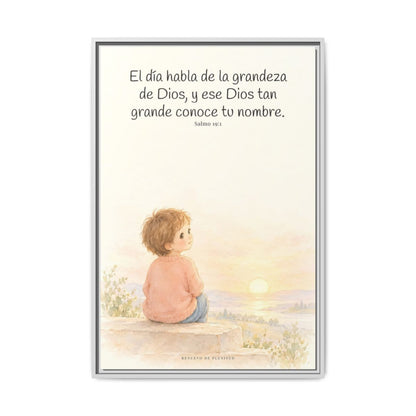 El día habla de la grandeza de Dios | Lienzo cristiano decorativo | Salmo 19:1 — 24×36 pulgadas, marco blanco, vista frontal