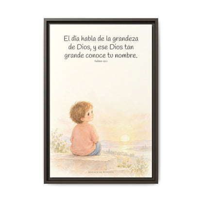 El día habla de la grandeza de Dios | Lienzo cristiano decorativo | Salmo 19:1 — 16×24 pulgadas, marco espresso, vista frontal