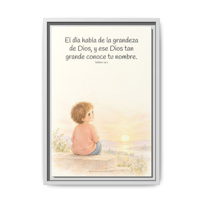 El día habla de la grandeza de Dios | Lienzo cristiano decorativo | Salmo 19:1 — 12×18 pulgadas, marco blanco, vista frontal