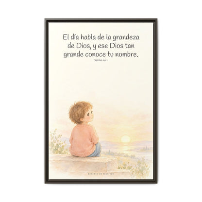 El día habla de la grandeza de Dios | Lienzo cristiano decorativo | Salmo 19:1 — 24×36 pulgadas, marco espresso, vista frontal