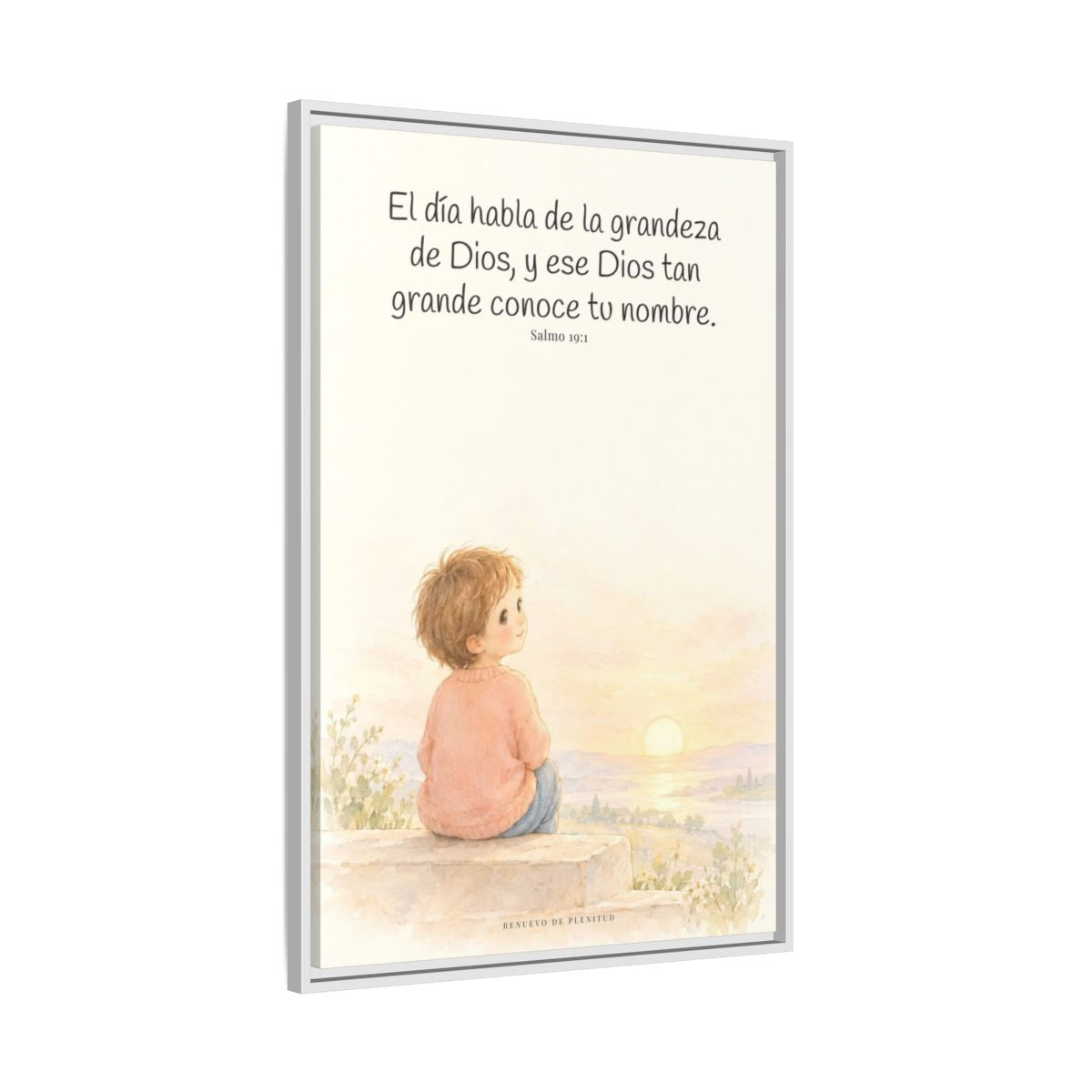 El día habla de la grandeza de Dios | Lienzo cristiano decorativo | Salmo 19:1 — 24×36 pulgadas, marco blanco, vista lateral del marco flotante