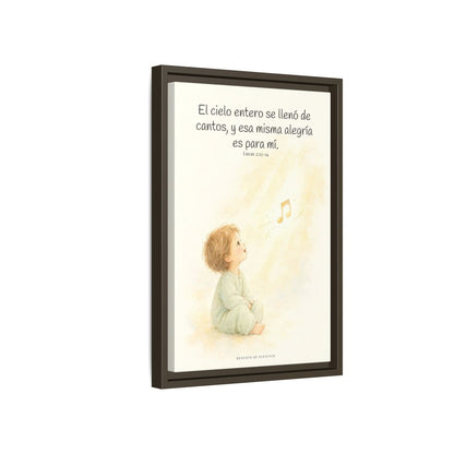 El ejército del cielo canta mi alegría — Lienzo Cristiano Enmarcado | Lucas 2:13-14 — 12×18 pulgadas, marco espresso, vista lateral del marco flotante