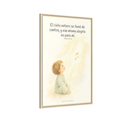 El ejército del cielo canta mi alegría — Lienzo Cristiano Enmarcado | Lucas 2:13-14 — 24×36 pulgadas, marco natural, vista lateral del marco flotante