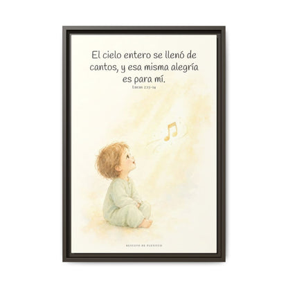 El ejército del cielo canta mi alegría — Lienzo Cristiano Enmarcado | Lucas 2:13-14 — 16×24 pulgadas, marco espresso, vista frontal