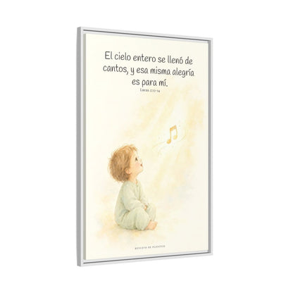 El ejército del cielo canta mi alegría — Lienzo Cristiano Enmarcado | Lucas 2:13-14 — 24×36 pulgadas, marco blanco, vista lateral del marco flotante