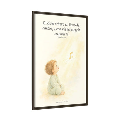 El ejército del cielo canta mi alegría — Lienzo Cristiano Enmarcado | Lucas 2:13-14 — 24×36 pulgadas, marco espresso, vista lateral del marco flotante