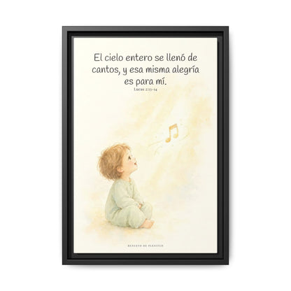 El ejército del cielo canta mi alegría — Lienzo Cristiano Enmarcado | Lucas 2:13-14 — 12×18 pulgadas, marco negro, vista frontal