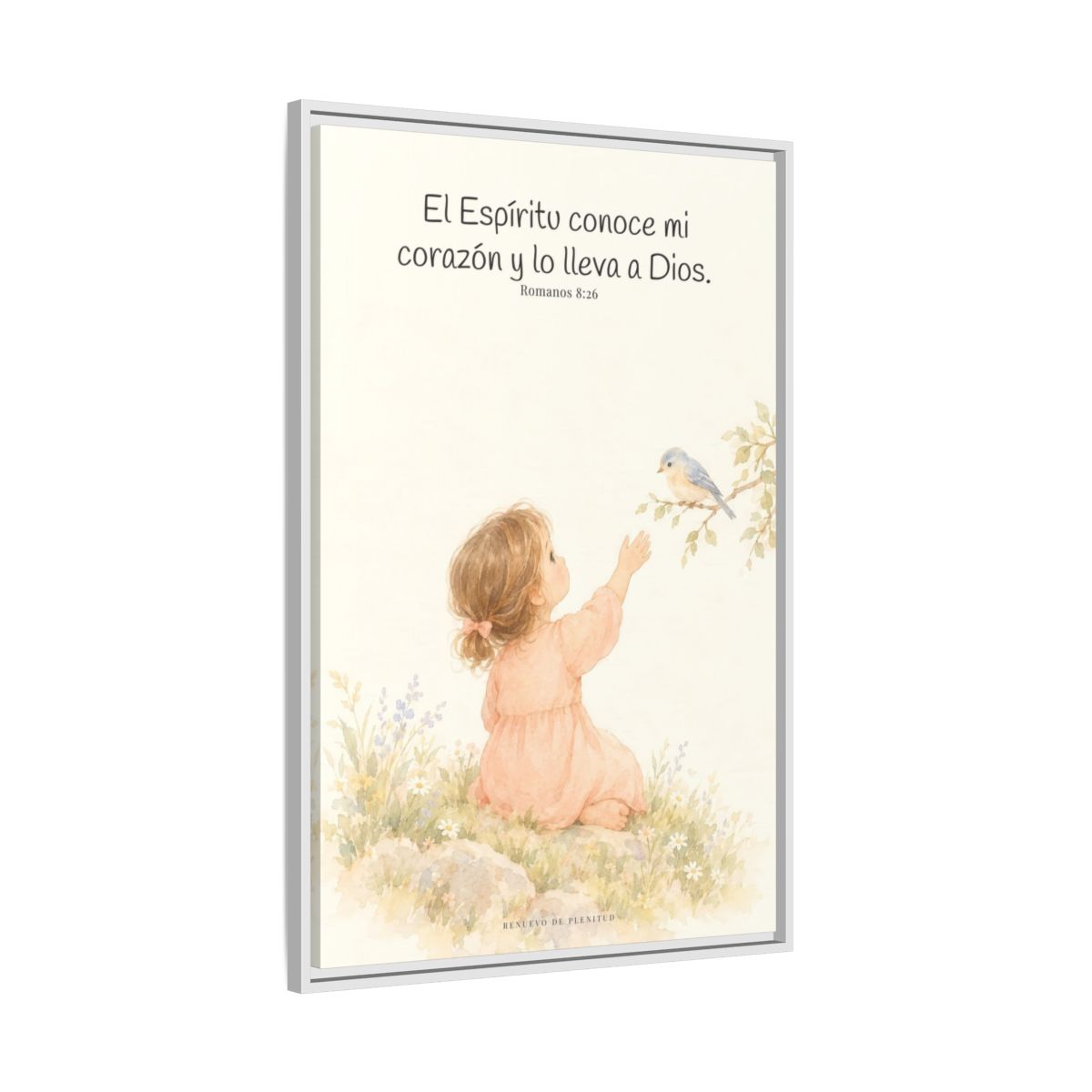 El Espíritu conoce lo que hay en mi corazón — Lienzo Cristiano Enmarcado | Romanos 8:26 — 24×36 pulgadas, marco blanco, vista lateral del marco flotante