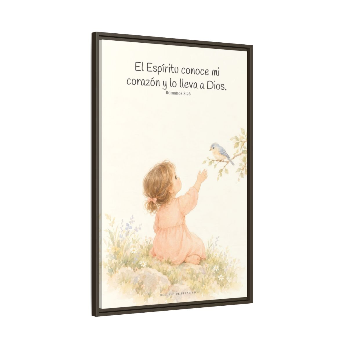 El Espíritu conoce lo que hay en mi corazón — Lienzo Cristiano Enmarcado | Romanos 8:26 — 24×36 pulgadas, marco espresso, vista lateral del marco flotante