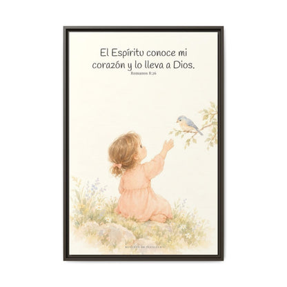 El Espíritu conoce lo que hay en mi corazón — Lienzo Cristiano Enmarcado | Romanos 8:26 — 24×36 pulgadas, marco espresso, vista frontal