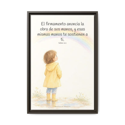 El firmamento anuncia la obra de sus manos — Lienzo Cristiano Enmarcado | Salmo 19:1 — 16×24 pulgadas, marco espresso, vista frontal