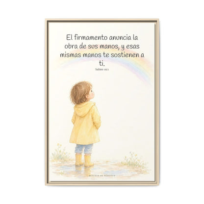 El firmamento anuncia la obra de sus manos — Lienzo Cristiano Enmarcado | Salmo 19:1 — 24×36 pulgadas, marco natural, vista frontal