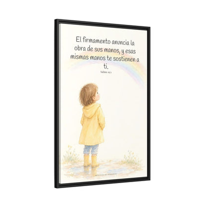 El firmamento anuncia la obra de sus manos — Lienzo Cristiano Enmarcado | Salmo 19:1 — 24×36 pulgadas, marco negro, vista lateral del marco flotante