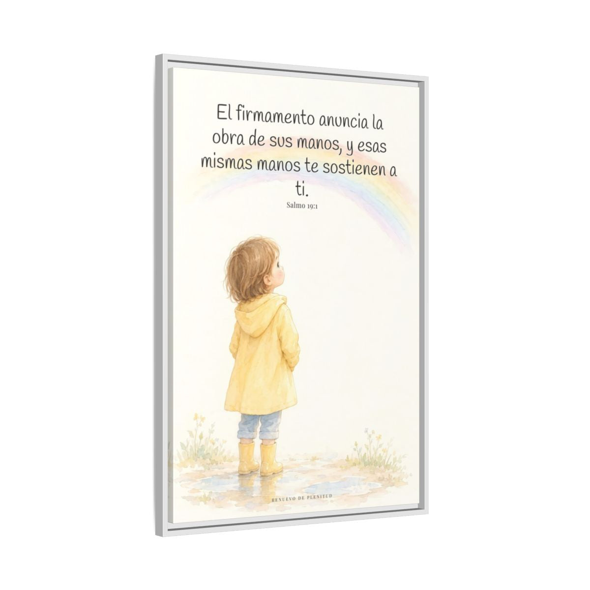 El firmamento anuncia la obra de sus manos — Lienzo Cristiano Enmarcado | Salmo 19:1 — 24×36 pulgadas, marco blanco, vista lateral del marco flotante