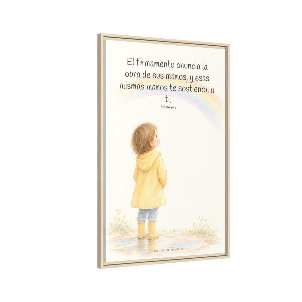 El firmamento anuncia la obra de sus manos — Lienzo Cristiano Enmarcado | Salmo 19:1 — 24×36 pulgadas, marco natural, vista lateral del marco flotante