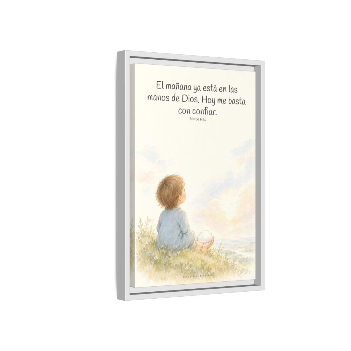 El mañana ya está en las manos de Dios — Lienzo Cristiano Enmarcado | Mateo 6:34 — 12×18 pulgadas, marco blanco, vista lateral del marco flotante