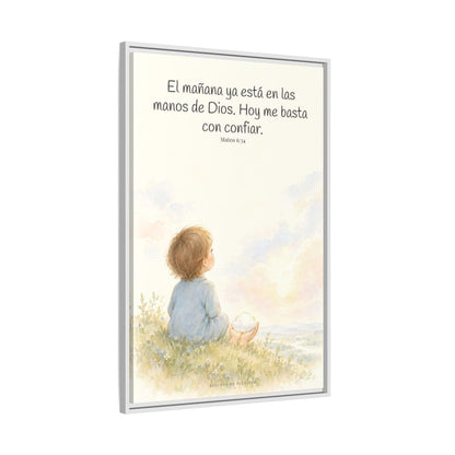 El mañana ya está en las manos de Dios — Lienzo Cristiano Enmarcado | Mateo 6:34 — 24×36 pulgadas, marco blanco, vista lateral del marco flotante