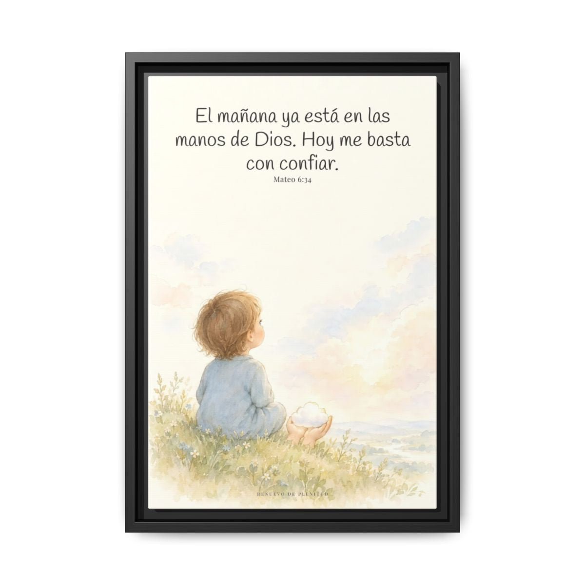 El mañana ya está en las manos de Dios — Lienzo Cristiano Enmarcado | Mateo 6:34 — 12×18 pulgadas, marco negro, vista frontal
