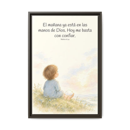 El mañana ya está en las manos de Dios — Lienzo Cristiano Enmarcado | Mateo 6:34 — 16×24 pulgadas, marco espresso, vista frontal