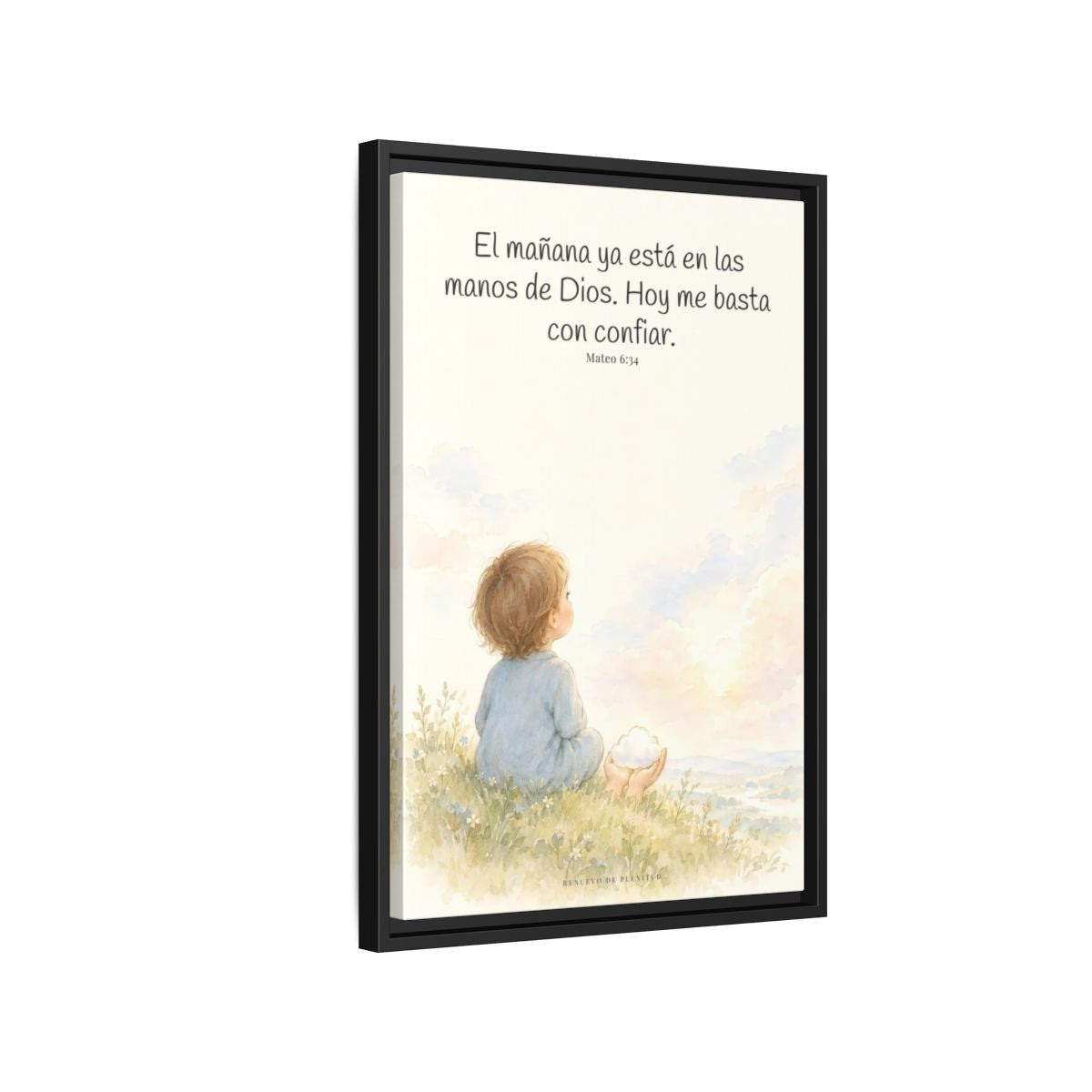 El mañana ya está en las manos de Dios — Lienzo Cristiano Enmarcado | Mateo 6:34 — 16×24 pulgadas, marco negro, vista lateral del marco flotante