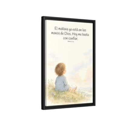 El mañana ya está en las manos de Dios — Lienzo Cristiano Enmarcado | Mateo 6:34 — 16×24 pulgadas, marco negro, vista lateral del marco flotante