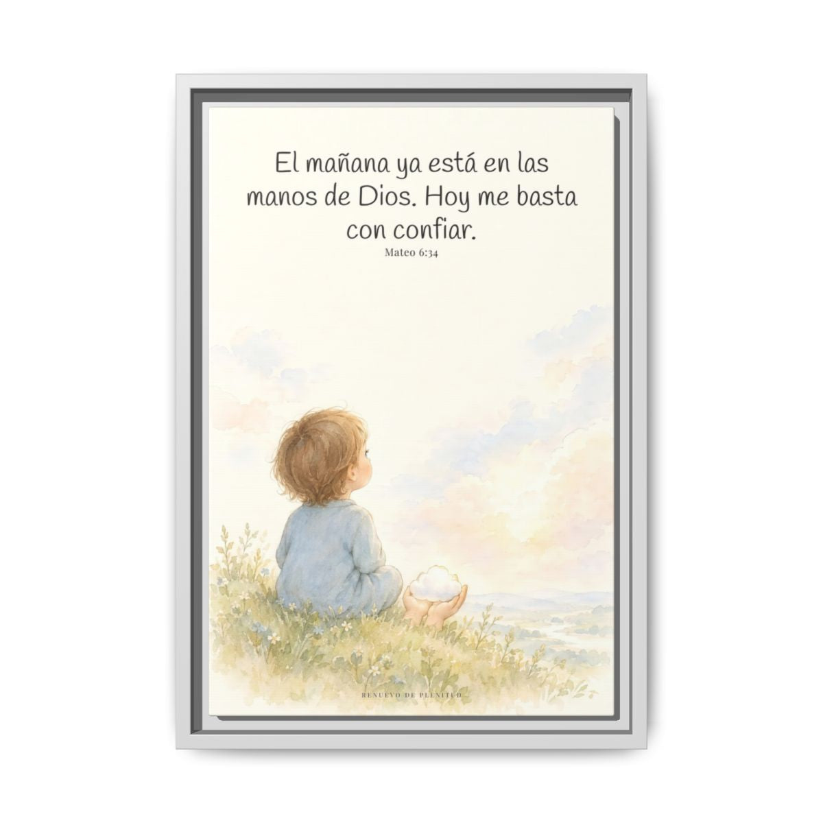 El mañana ya está en las manos de Dios — Lienzo Cristiano Enmarcado | Mateo 6:34 — 12×18 pulgadas, marco blanco, vista frontal