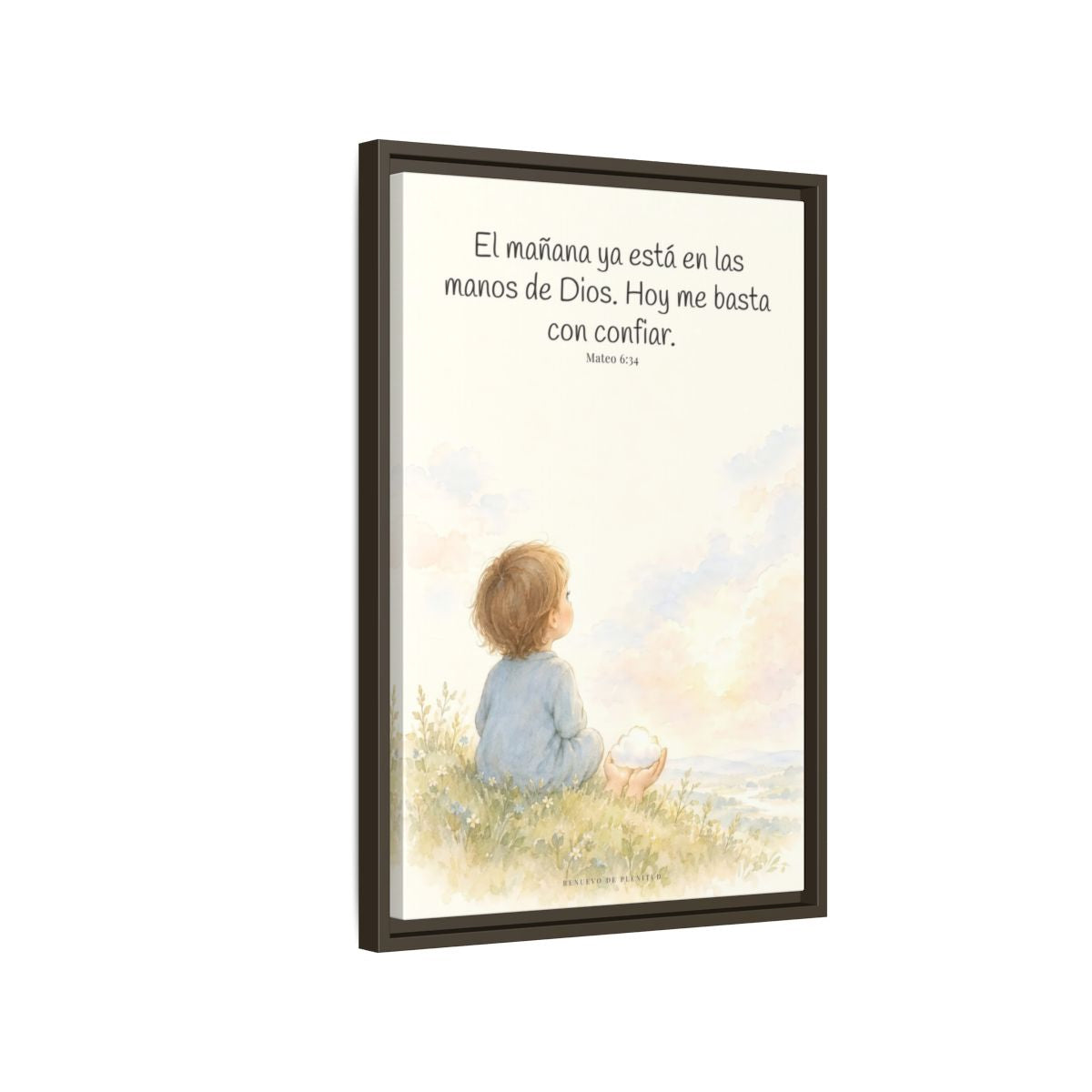 El mañana ya está en las manos de Dios — Lienzo Cristiano Enmarcado | Mateo 6:34 — 16×24 pulgadas, marco espresso, vista lateral del marco flotante