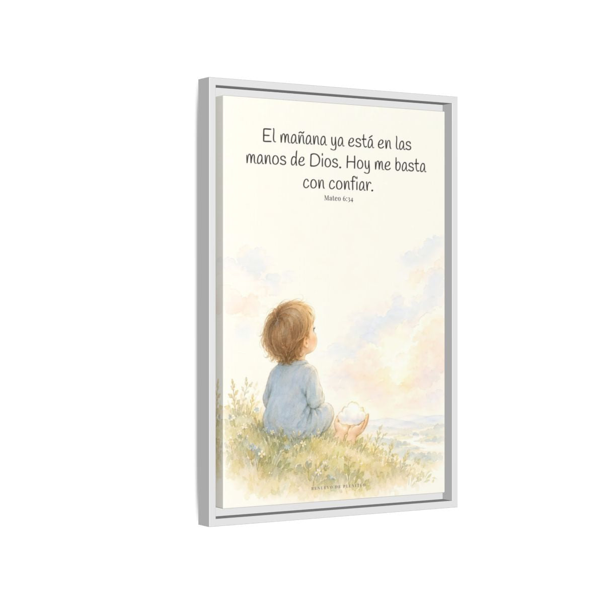 El mañana ya está en las manos de Dios — Lienzo Cristiano Enmarcado | Mateo 6:34 — 16×24 pulgadas, marco blanco, vista lateral del marco flotante