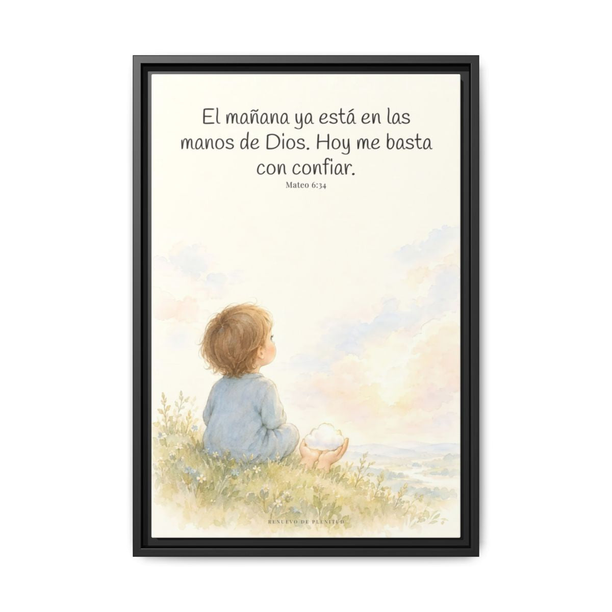 El mañana ya está en las manos de Dios — Lienzo Cristiano Enmarcado | Mateo 6:34 — 16×24 pulgadas, marco negro, vista frontal