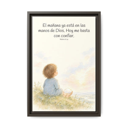 El mañana ya está en las manos de Dios — Lienzo Cristiano Enmarcado | Mateo 6:34 — 12×18 pulgadas, marco espresso, vista frontal