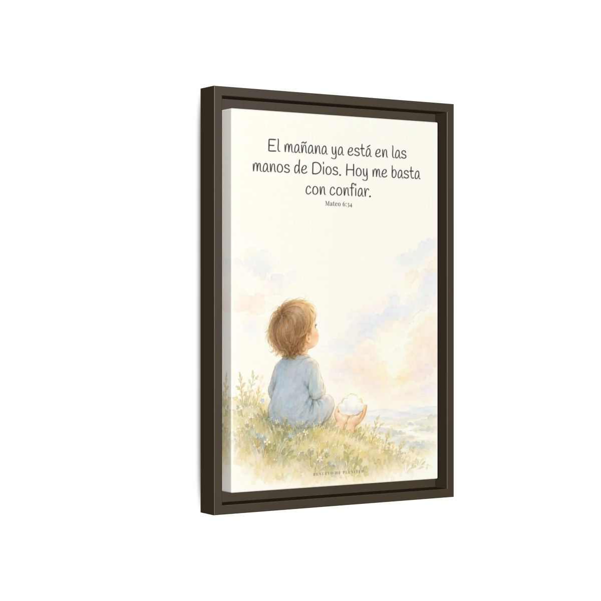 El mañana ya está en las manos de Dios — Lienzo Cristiano Enmarcado | Mateo 6:34 — 12×18 pulgadas, marco espresso, vista lateral del marco flotante