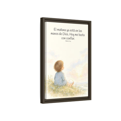 El mañana ya está en las manos de Dios — Lienzo Cristiano Enmarcado | Mateo 6:34 — 12×18 pulgadas, marco espresso, vista lateral del marco flotante